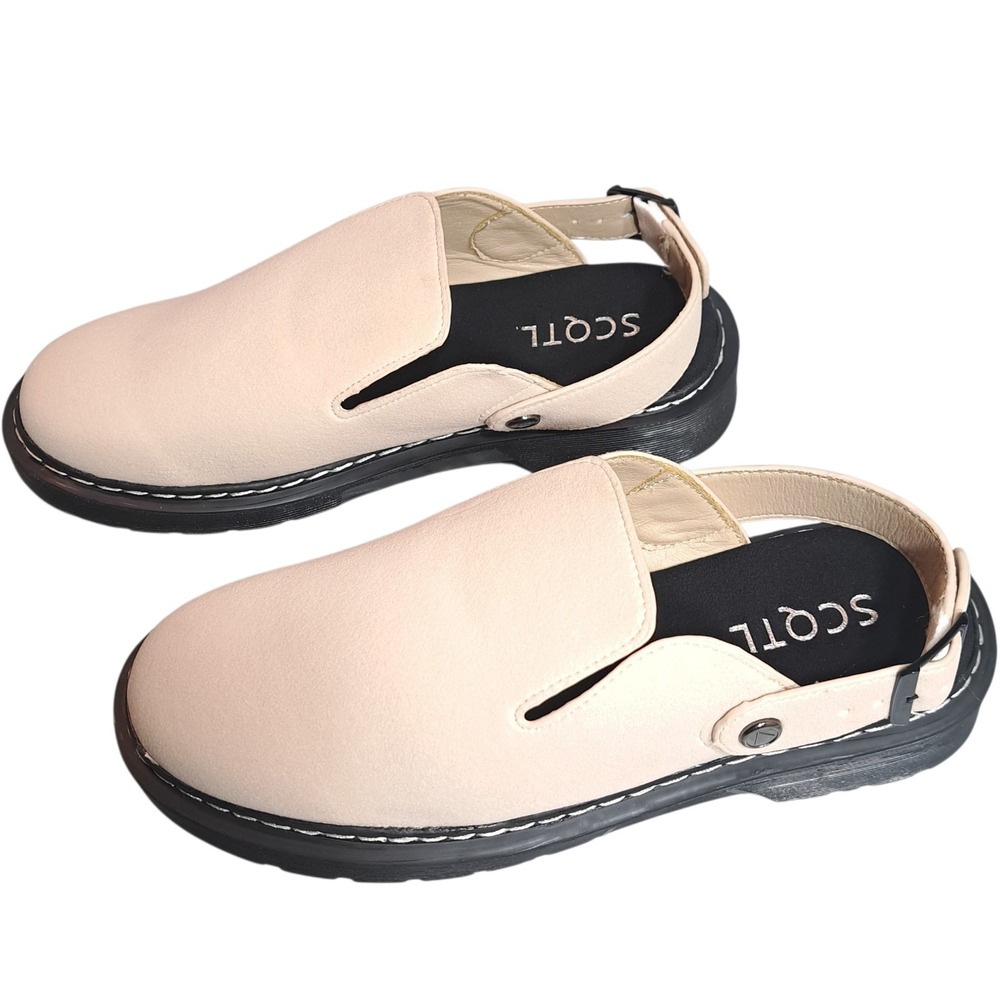 SCQTL Women's Beige Faux Suede Slip-On Clog Sandals Size 7.5/38 Buckle‎ Comfort